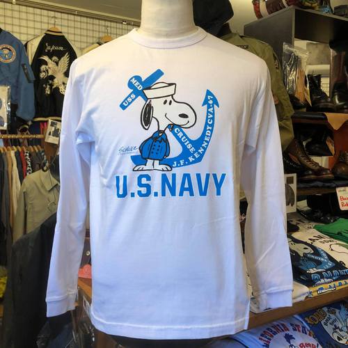 BUZZ RICKSONS × PEANUTS L/S T-SHIRT SNOOPYUS NAVY WHITE