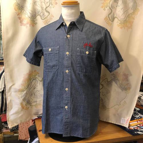 SUGAR CANE BLUE CHAMBRAY S/S WORK SHIRT W/EMBD