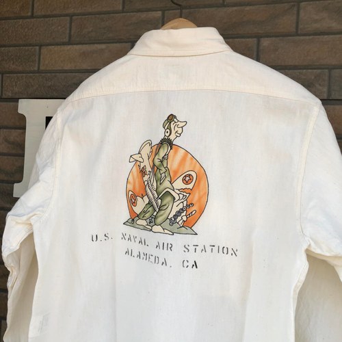 BUZZ RICKSONS WHITE CHAMBRAY L/S WORK SHIRTS ”NAS ALAMEDA”