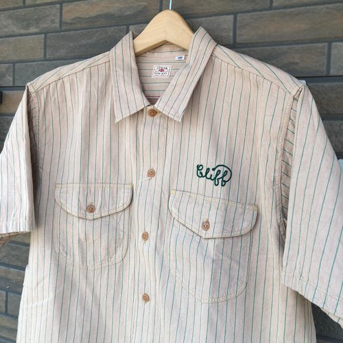 SUGAR CANE COKE STRIPE S/S WORK SHIRT W/EMBD BEIGE