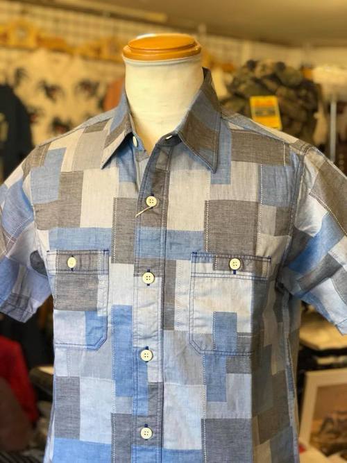 SUGAR CANE JACGUARD PATCHWORK S/S WORK SHIRT BLUE