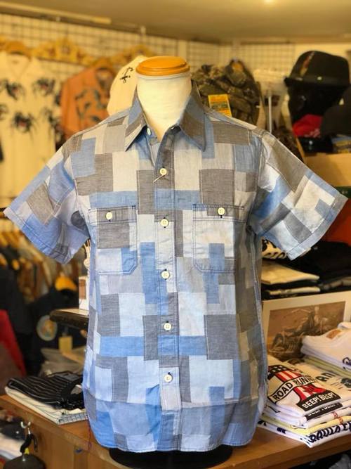 SUGAR CANE JACGUARD PATCHWORK S/S WORK SHIRT BLUE