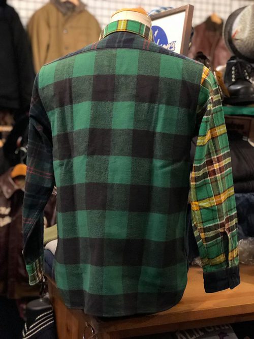 SUGAR CANE TWILL CHECK L/S WORK SHIRT CRAZY PATTERN GREEN