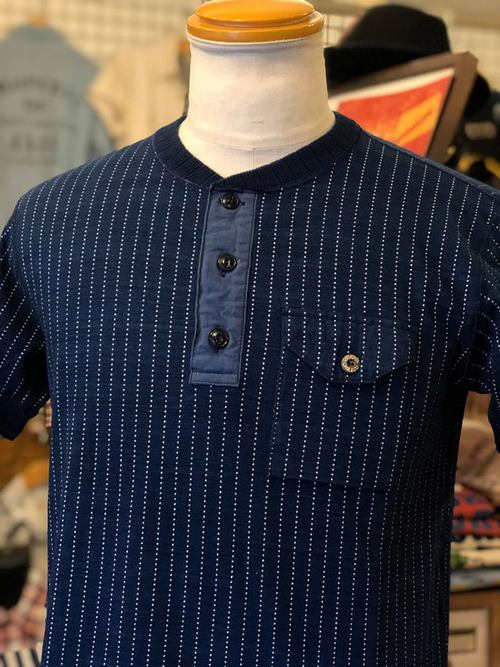 シュガーケーン ウォバッシュストライプヘンリーネック ポケット付半袖Tシャツ