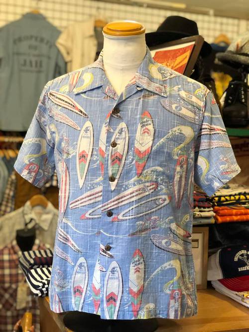 SUN SURF C/L SLUBYARN S/S OPEN SHIRT 『SURF BOARDS』 BLUE