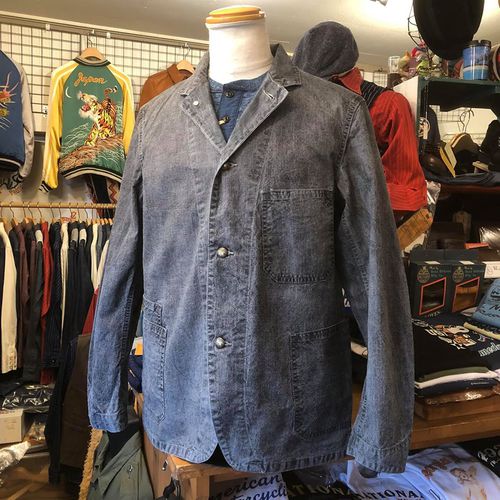 FICTION ROMANCE 8oz INDIGO PIN CHECK WORK COAT AGED MODEL
