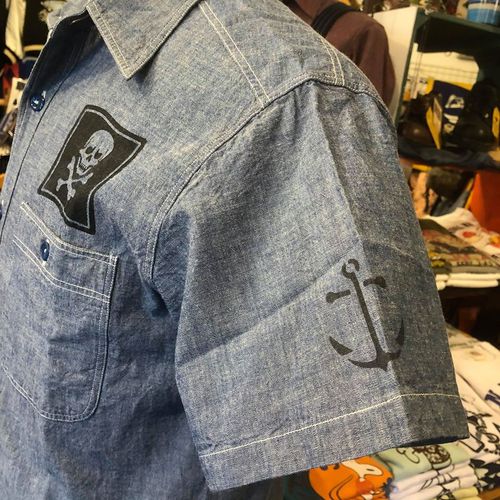 BUZZ RICKSONS BLUE CHAMBRAY S/S WORK SHIRT ”JOLLY ROGERS”