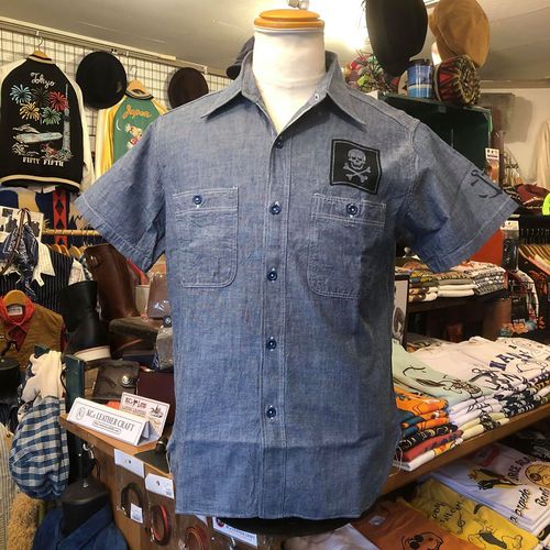 BUZZ RICKSONS BLUE CHAMBRAY S/S WORK SHIRT ”JOLLY ROGERS”
