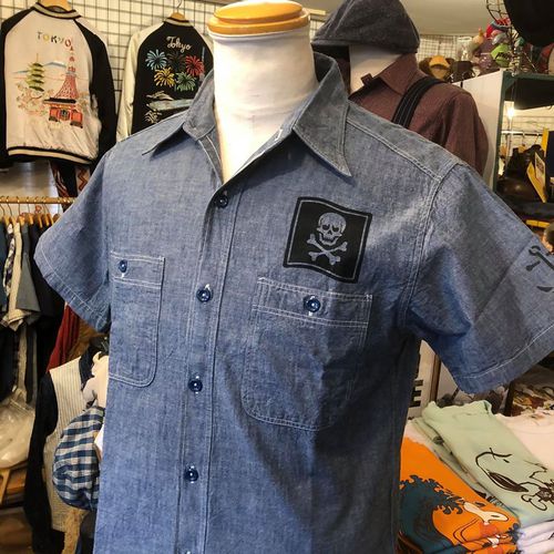 BUZZ RICKSONS BLUE CHAMBRAY S/S WORK SHIRT ”JOLLY ROGERS”