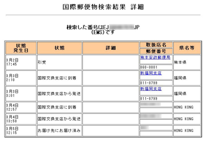 国際スピード郵便で香港までの発送した履歴 国際スピード郵便で香港までの発送した履歴