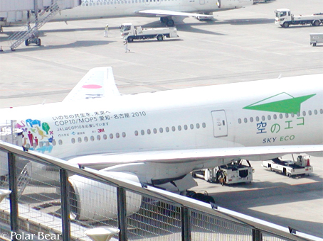 緑色の尾翼のJALの飛行機は