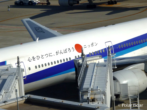 『心をひとつに、がんばろうニッポン』と書かれた飛行機は