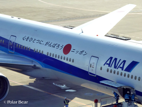 『心をひとつに、がんばろうニッポン』と書かれた飛行機は
