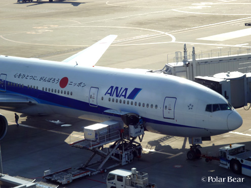 『心をひとつに、がんばろうニッポン』と書かれた飛行機は